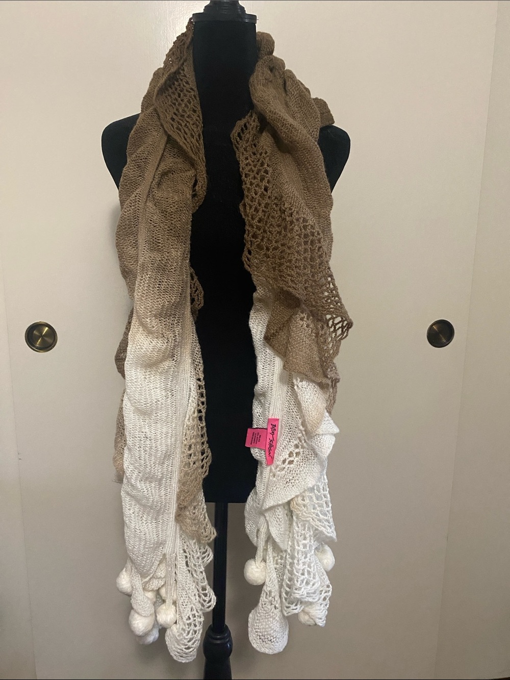 Betsey Johnson Lightweight Two-Tone Brown and White Knit Scarf with Pom Detail